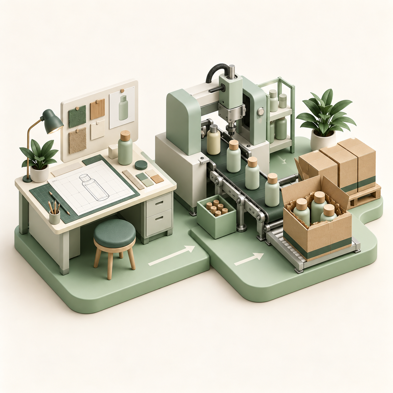 Product design workbench, manufacturing station and packaged products connected in one production flow